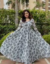 Grey Printed Chiffon Anarkali With Dupatta| Heavy Flare