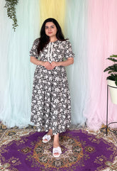 Black & White Floral Cotton Midi Dress