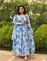 Delicate Hand Embroidered Floral Chiffon Anarkali with Dupatta