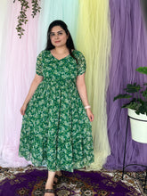 Floral printed green chiffon midi