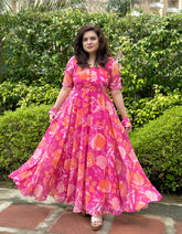 Printed floral pink georgette anarkali|Heavy Flare- Festive & Wedding Wear