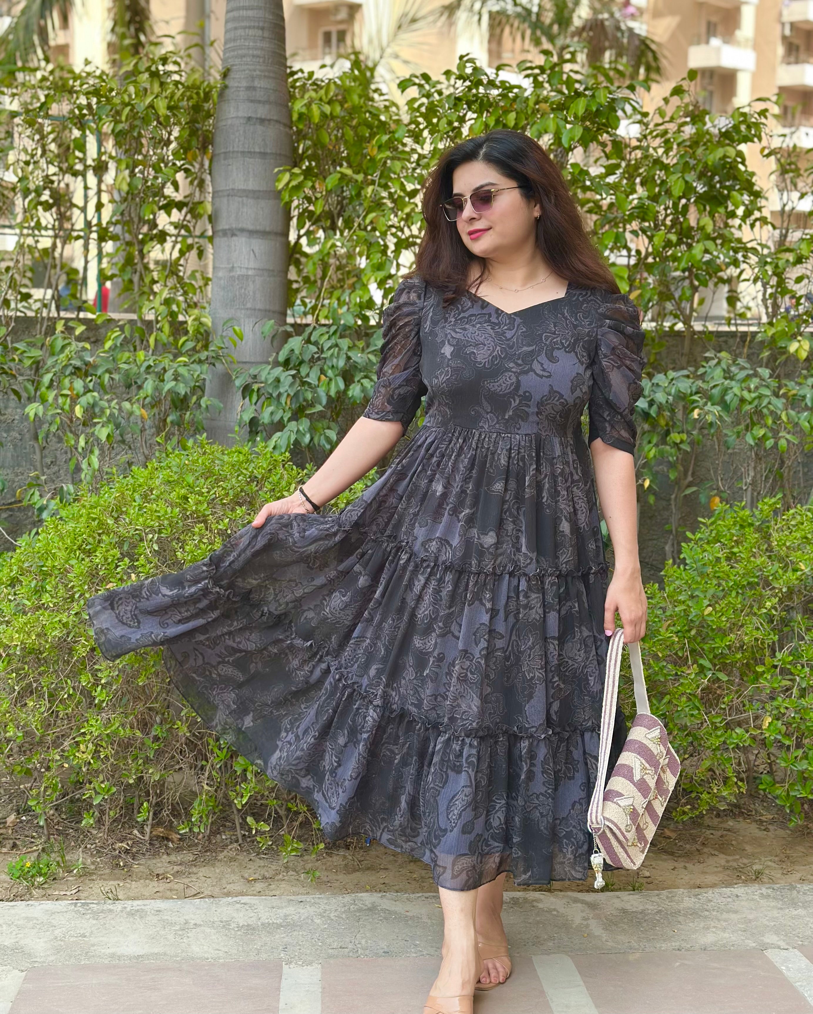 grey floral chiffon dress Buy Grey Floral Printed Silver Chiffon Flared Dress Online for Woman