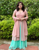 Hand Embroidered Pink Foil Printed Skirt Set