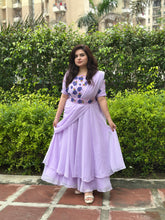 Hand embroidered partywear drape lilac double layer gown