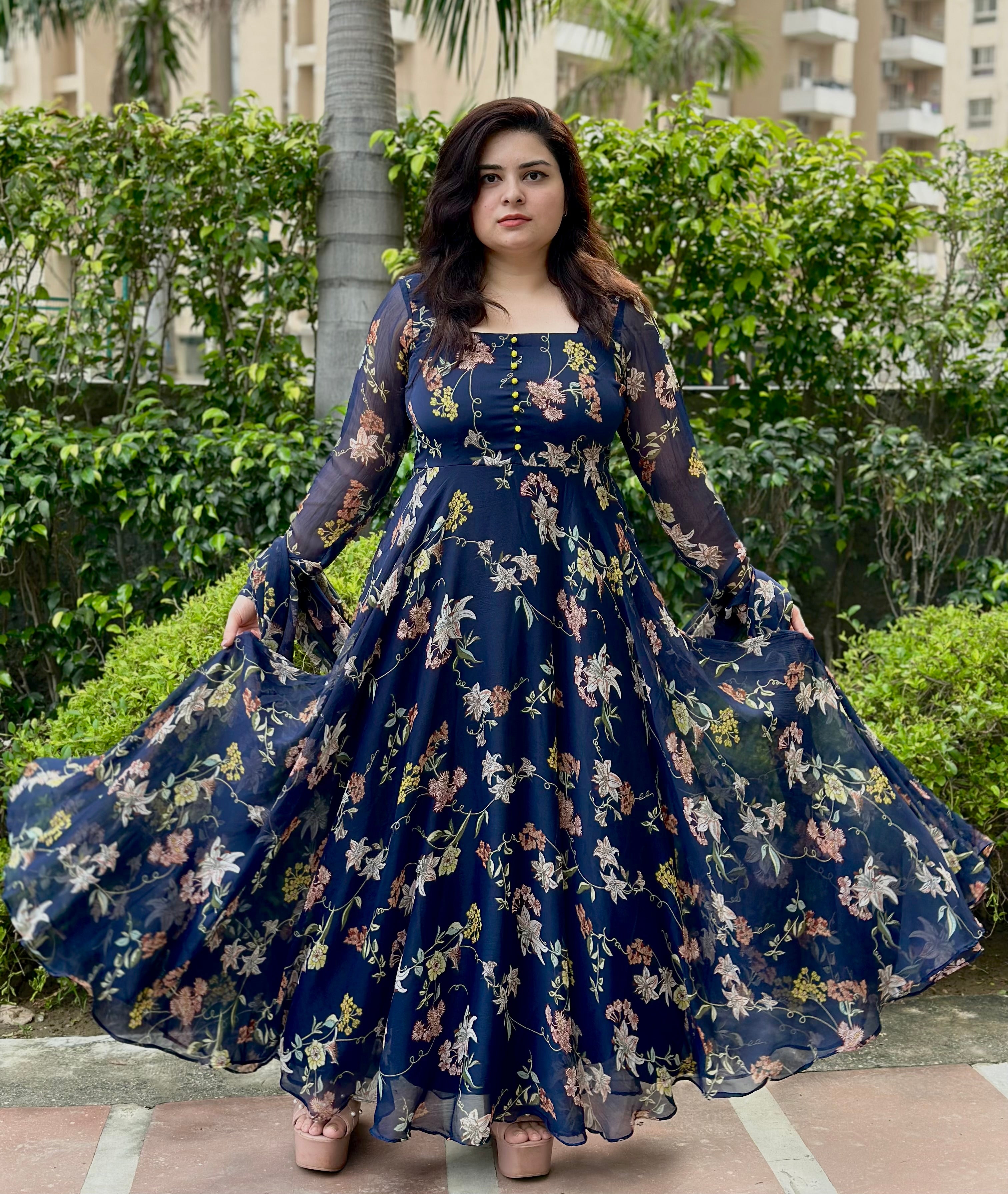 Dark Blue Floral Chiffon Anarkali With Dupatta | Heavy flare kasumi.in Dark Blue Floral Chiffon Anarkali With Dupatta | Heavy flare kasumi.in