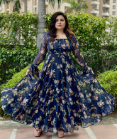 Dark Blue Floral Chiffon Anarkali With Dupatta | Heavy flare