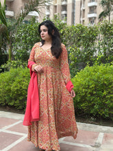 Beige Party wear Hand Embroidered Floral Chiffon Anarkali with Dupatta