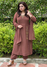 Hand embroidered brown georgette suit set