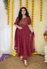 Party wear hand embroidered glass tissue anarkali set