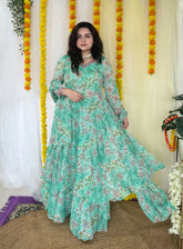 Hand embroidered sea green printed chiffon anarkali skirt set