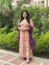 Cream Party wear Floral Chiffon Anarkali with Contrast Dupatta