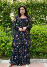Hand Embroidered Black Printed Chiffon Sharara Set