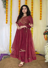 Party wear hand embroidered glass tissue anarkali set