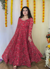 Party wear Hand Embroidered Digital printed Anarkali with dupatta