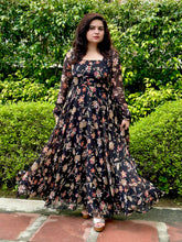 Printed Floral Black Chiffon Anarkali|Heavy Flare- Festive & Wedding Wear