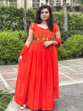Hand Embroidered Orange Georgette Pleated Anarkali