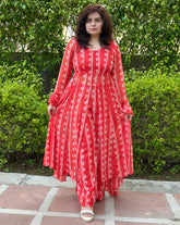 Red lurex front slit anarkali kurta set