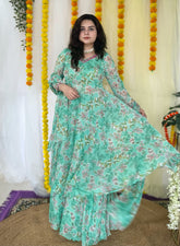 Hand embroidered sea green printed chiffon anarkali skirt set