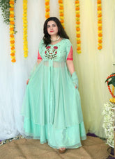 Partywear Hand embroidered Sea Green Skirt Set