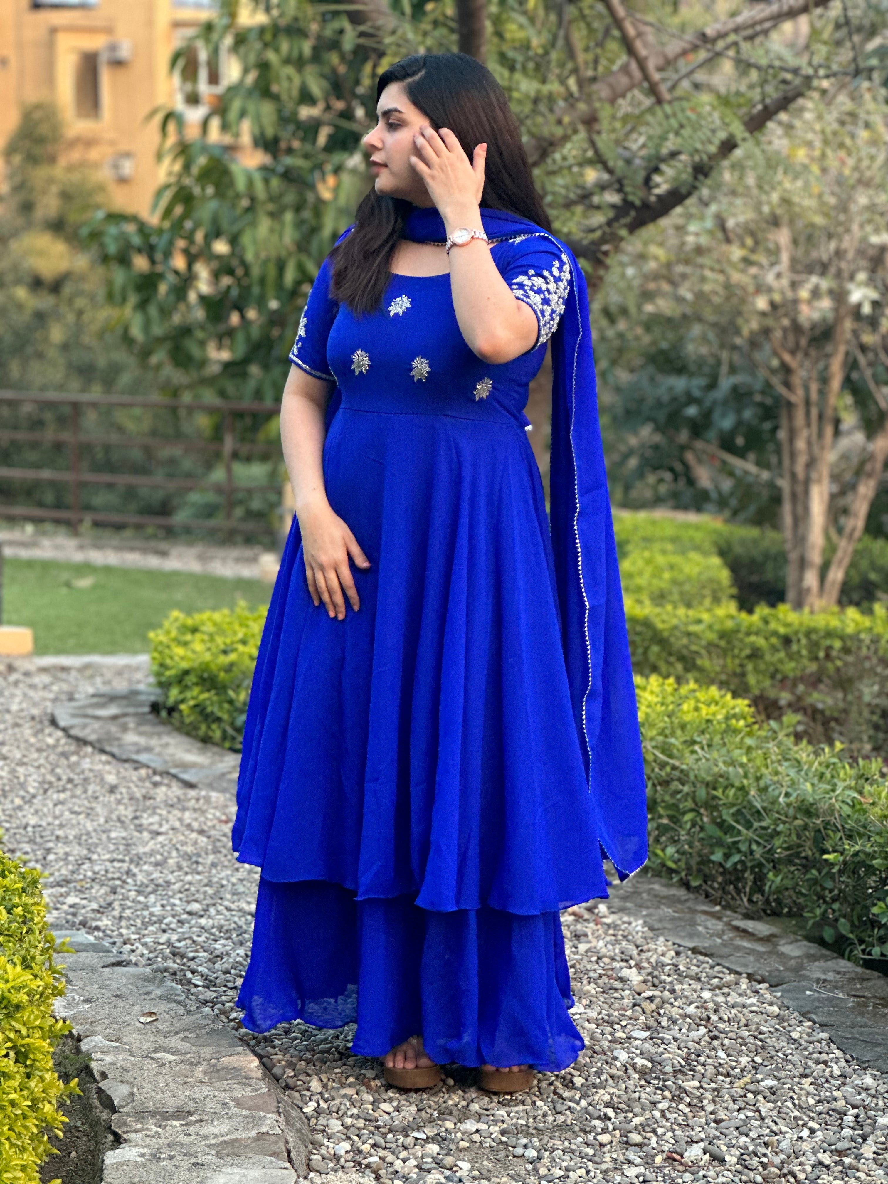 hand embroidered royal blue double flare anarkali –