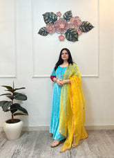 Turquoise velvet anarkali with organza dupatta - kasumi.in