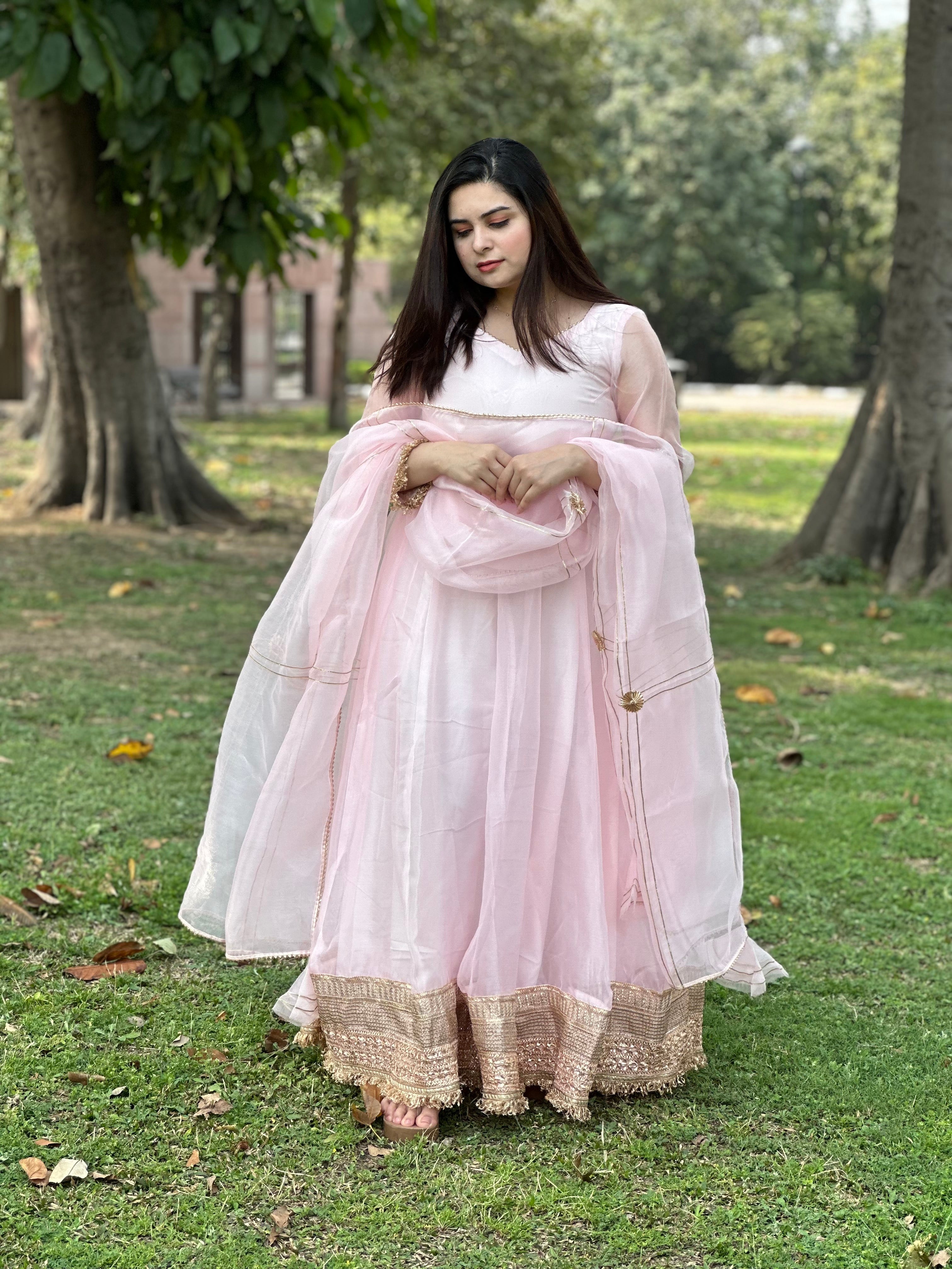 Partywear baby pink organza anarkali
