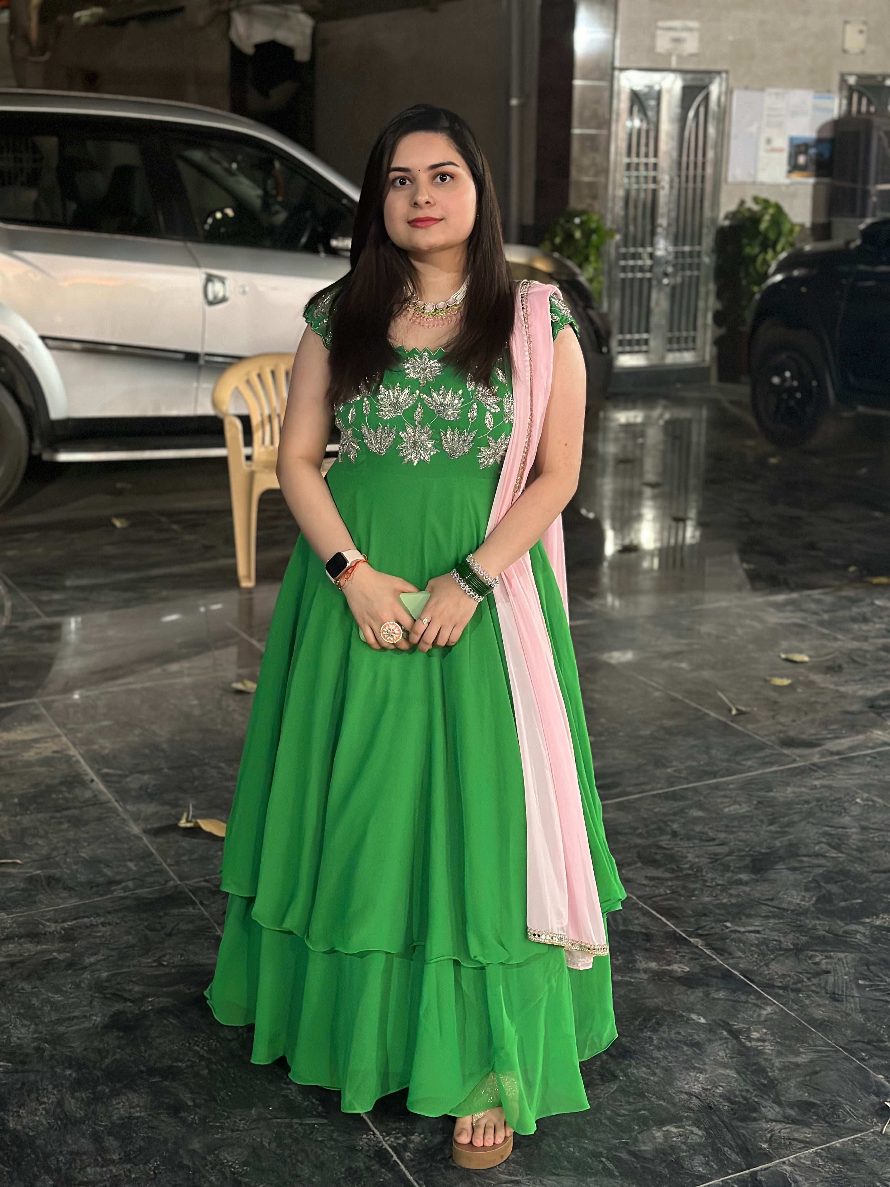 Hand embroidered leaf green double flare anarkali kasumi.in Hand embroidered leaf green double flare anarkali kasumi.in