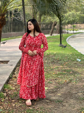 Printed red chiffon anarkali