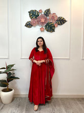 Partywear red lycra velvet anarkali