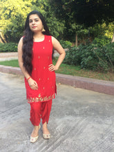 Red Zari Work Kurta With Tulip Pant