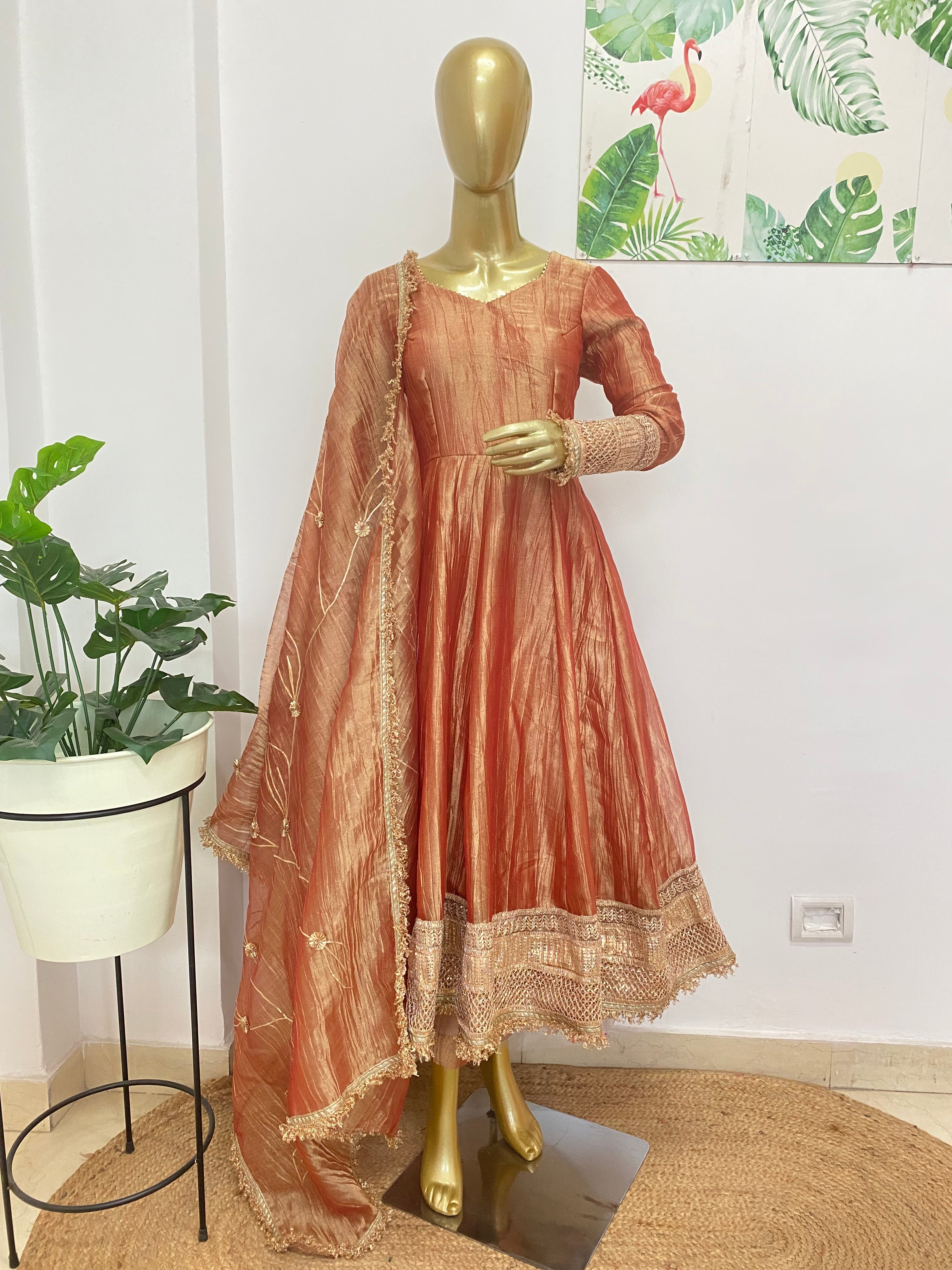 tissue silk anarkali dress GOLDEN TISSUE SILK ANARKALI SUIT SET (SET OF 4) ahiclothing