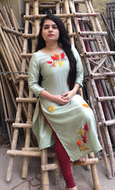 PISTA GREEN SILK EMBROIDERY KURTI