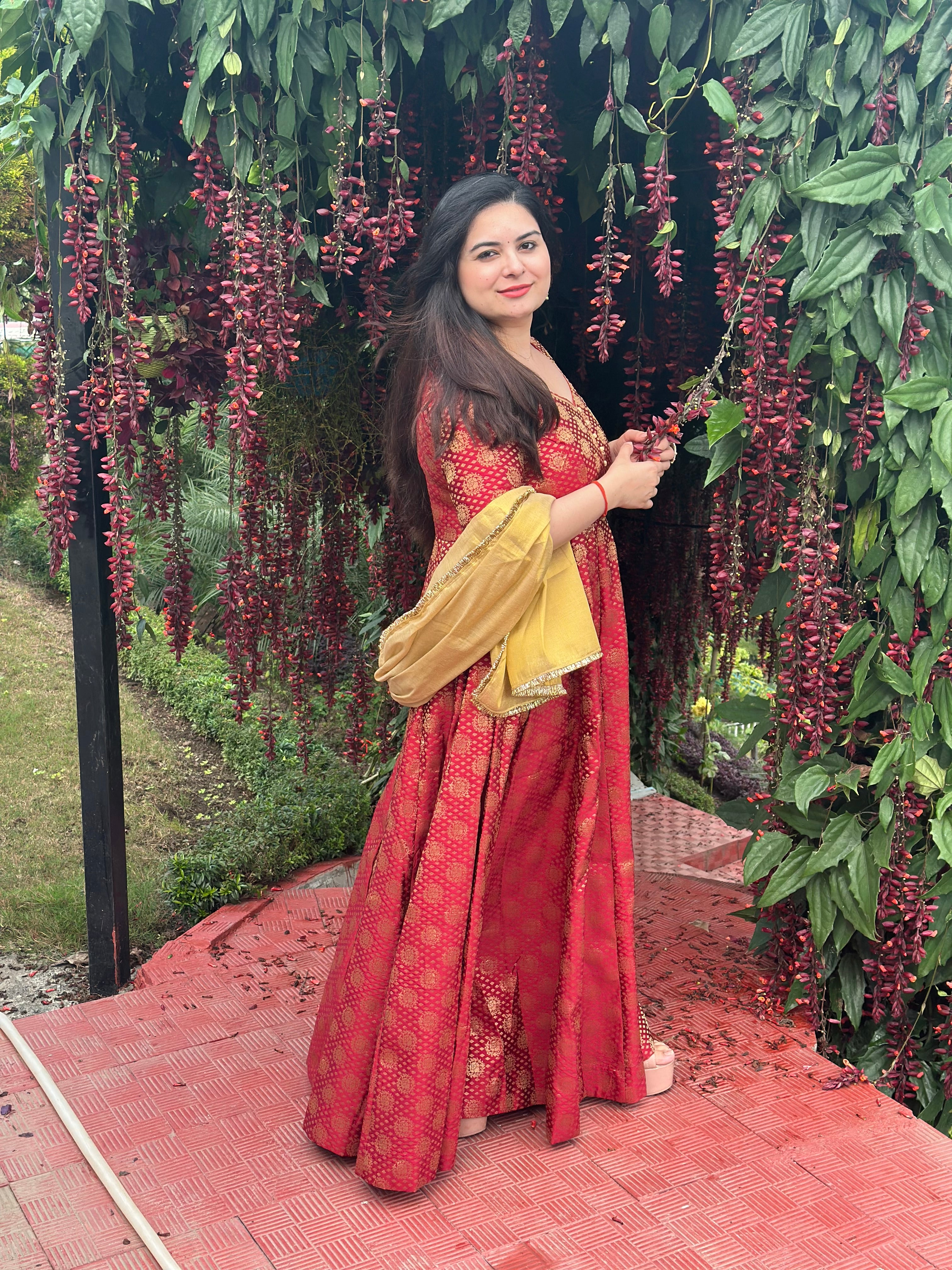 Red brocade silk partywear Anarkali