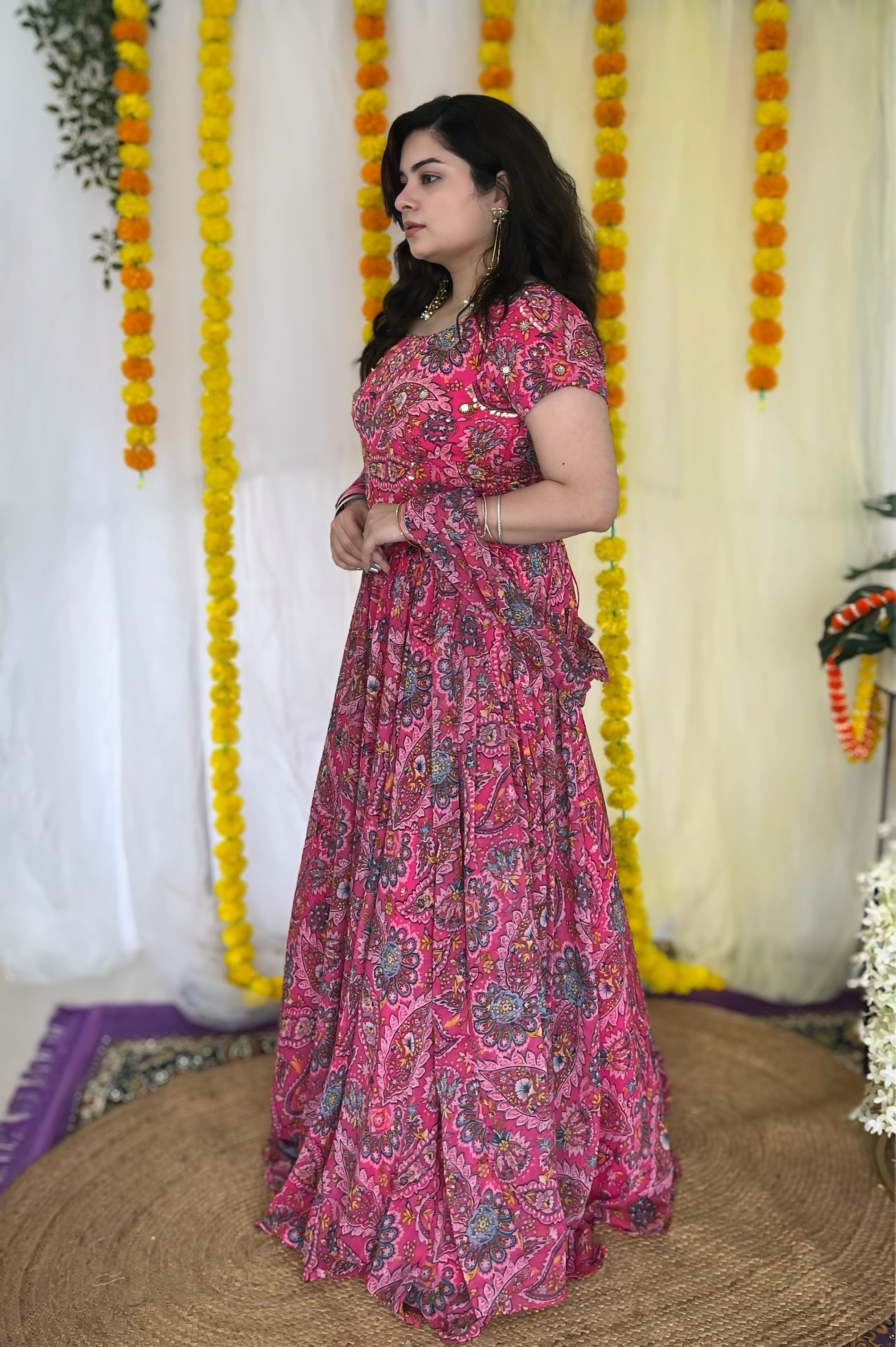 Party wear Hand embroidered Pink Lehnga set