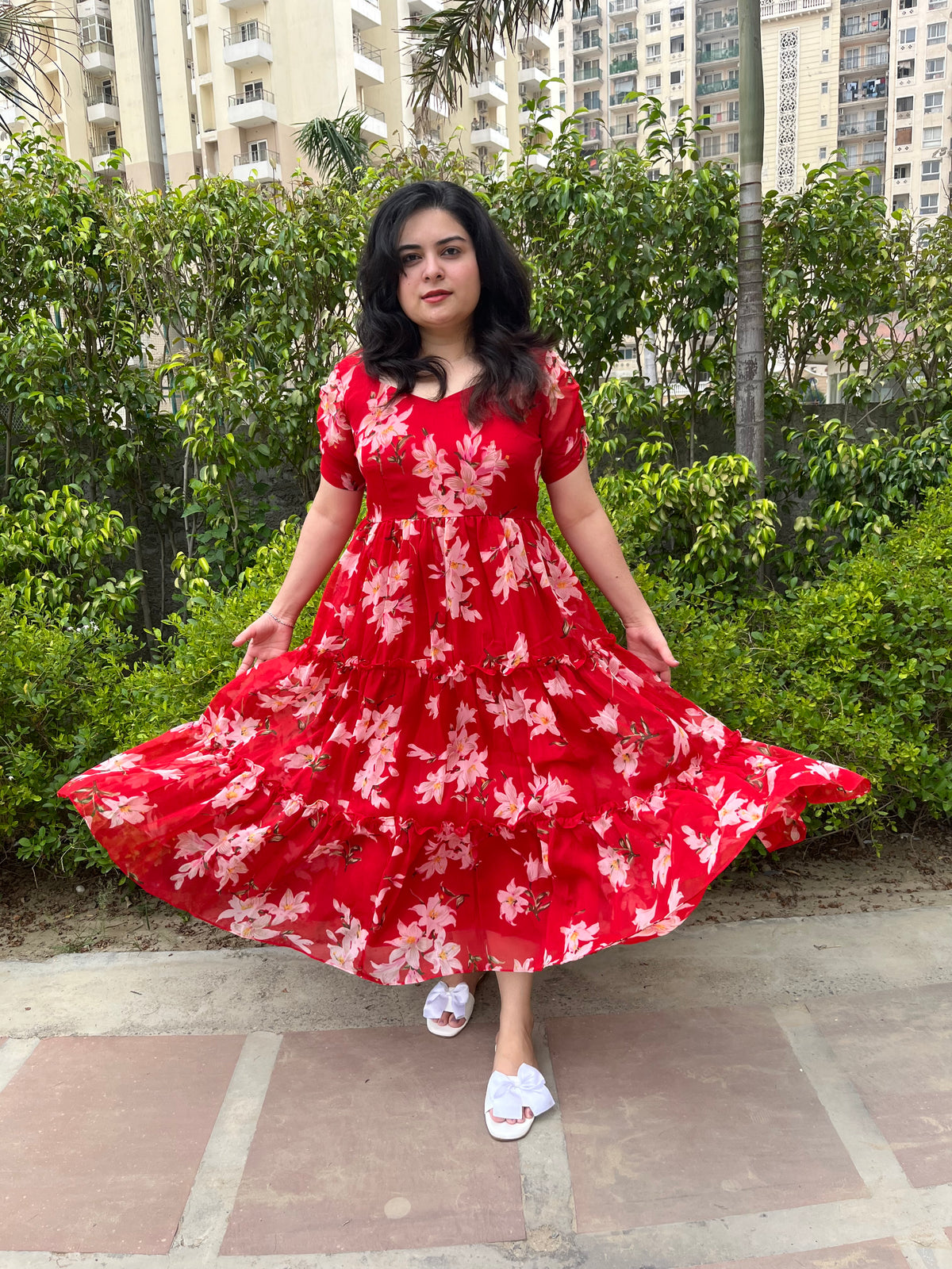 Red Floral Georgette Midi Dress