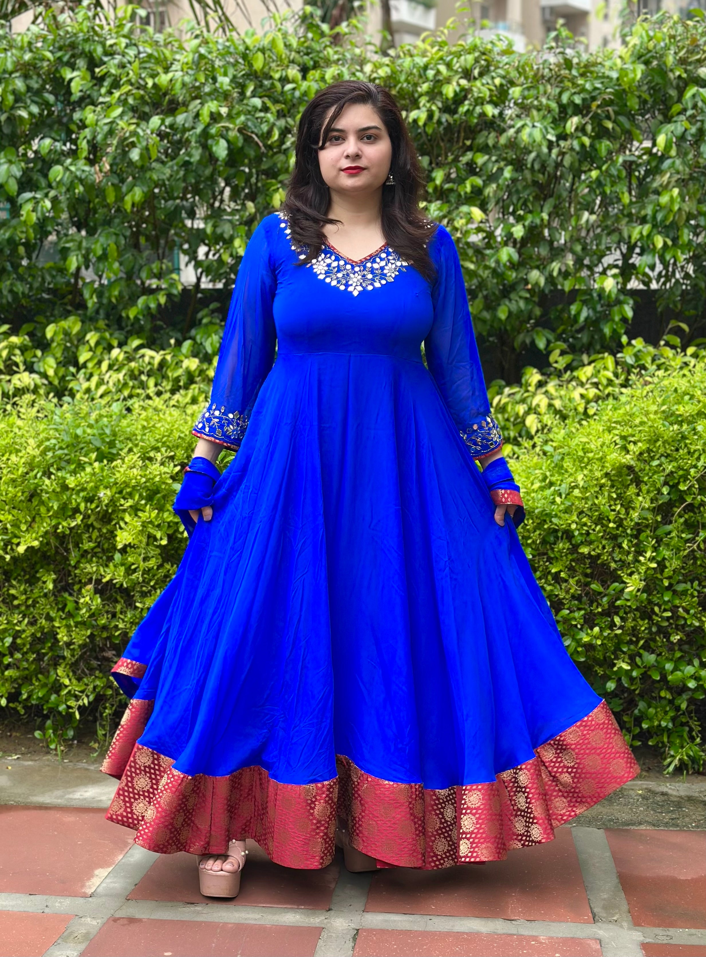 Royal blue real mirror embroidered anarkali