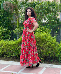 Floral Printed Chiffon Maxi With Umbrella Sleeves- Chic Party&Festive wear