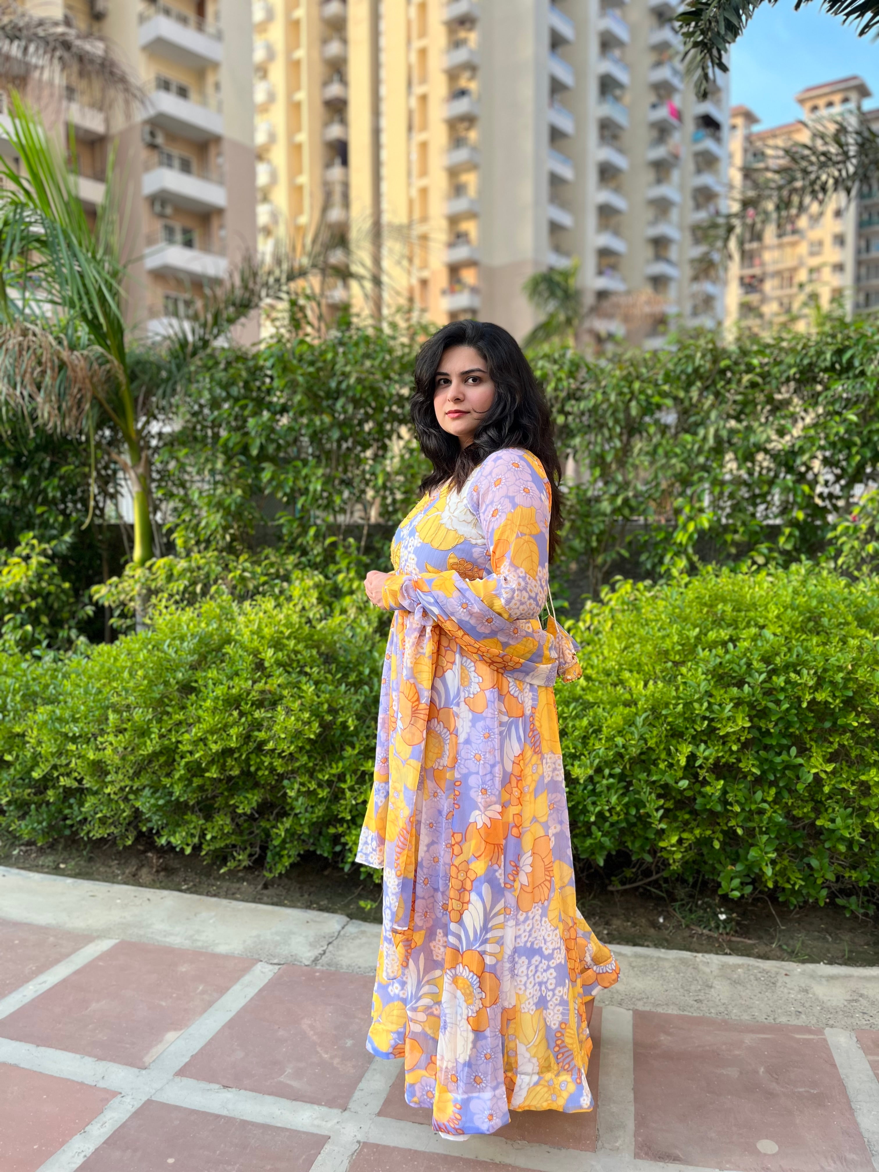 Party wear printed hand embroidered chiffon anarkali