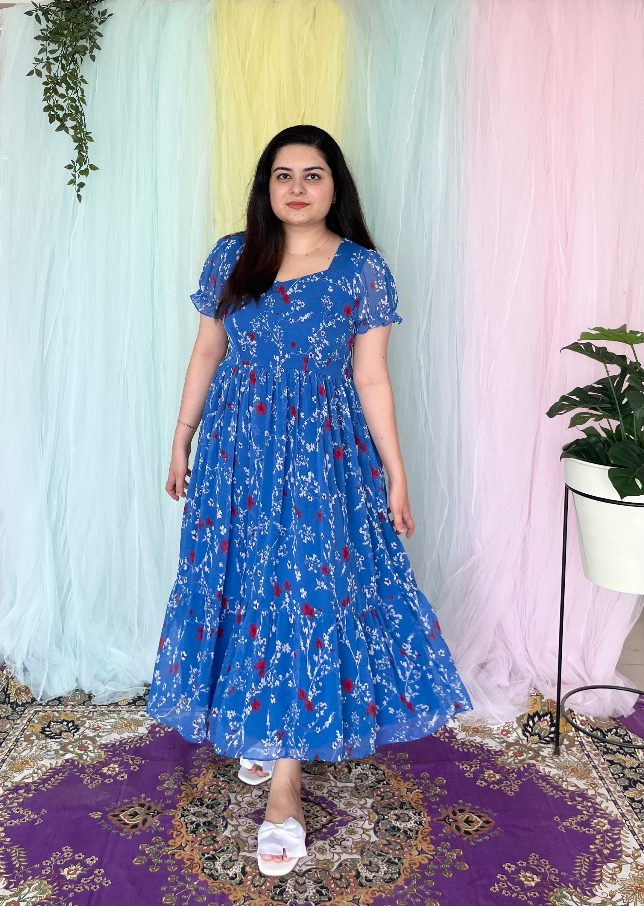 Floral blue chiffon midi