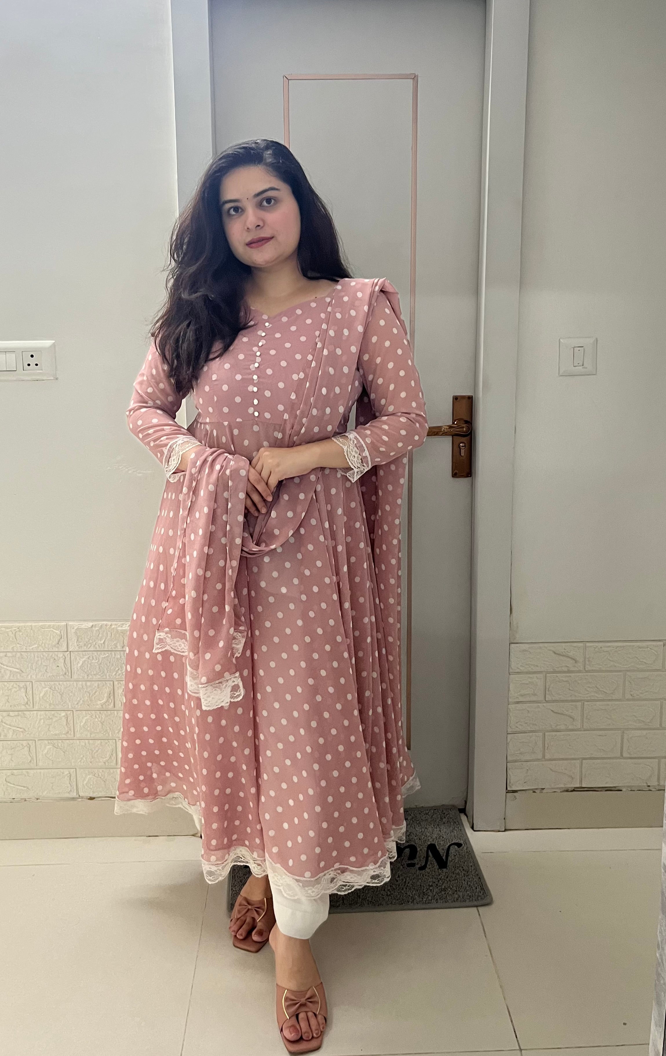 Mauve pink polka georgette anarkali kurta set