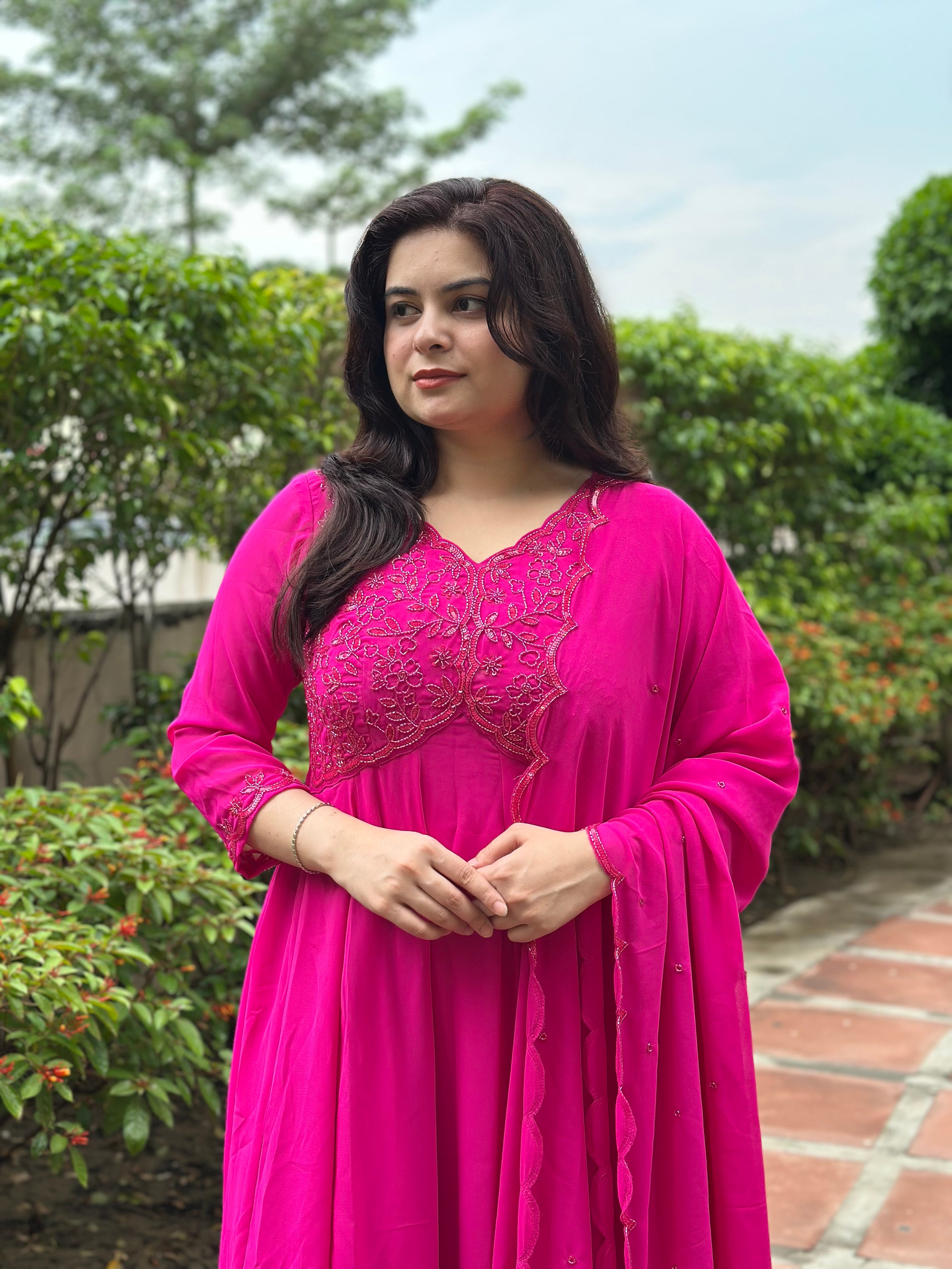 Hand Embroidered Rani pink Anarkali