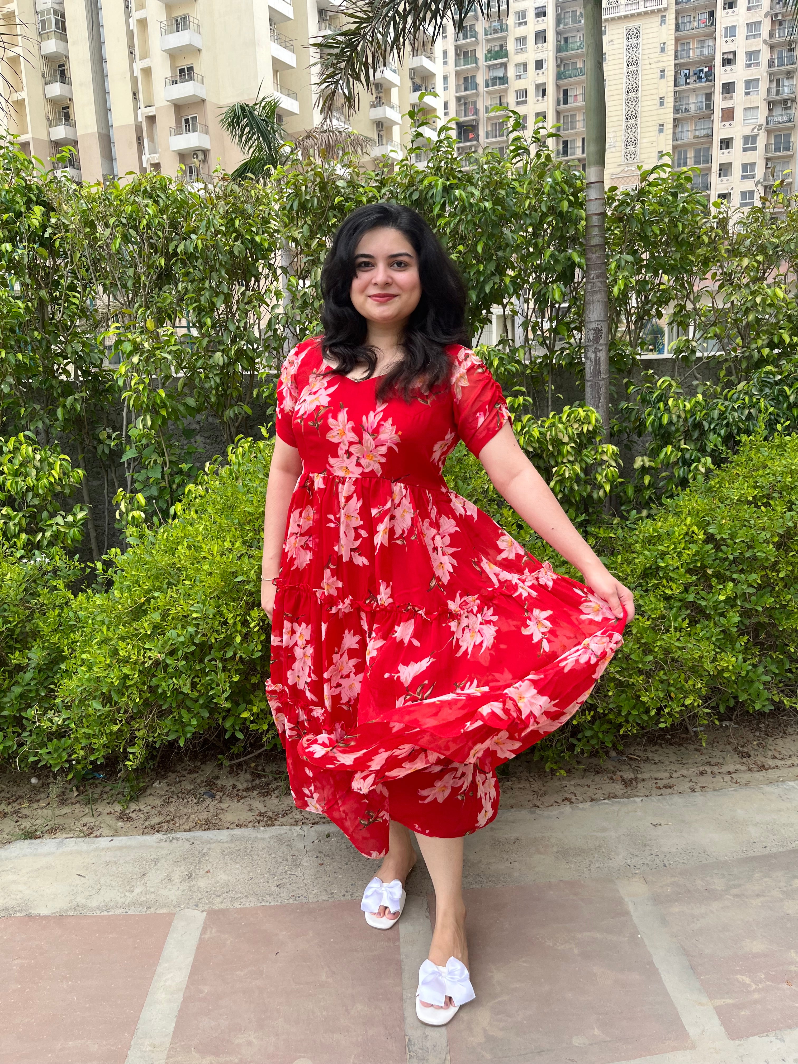 Red Floral Georgette Midi Dress