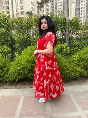 Red Floral Georgette Midi Dress