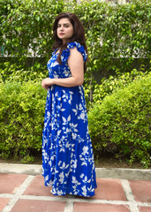 Printed Blue Georgette Tiered Maxi Dress