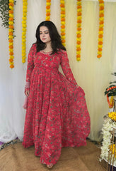 Party wear Hand Embroidered Digital printed Anarkali with dupatta