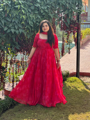 Party wear hand embroidered red printed anarkali