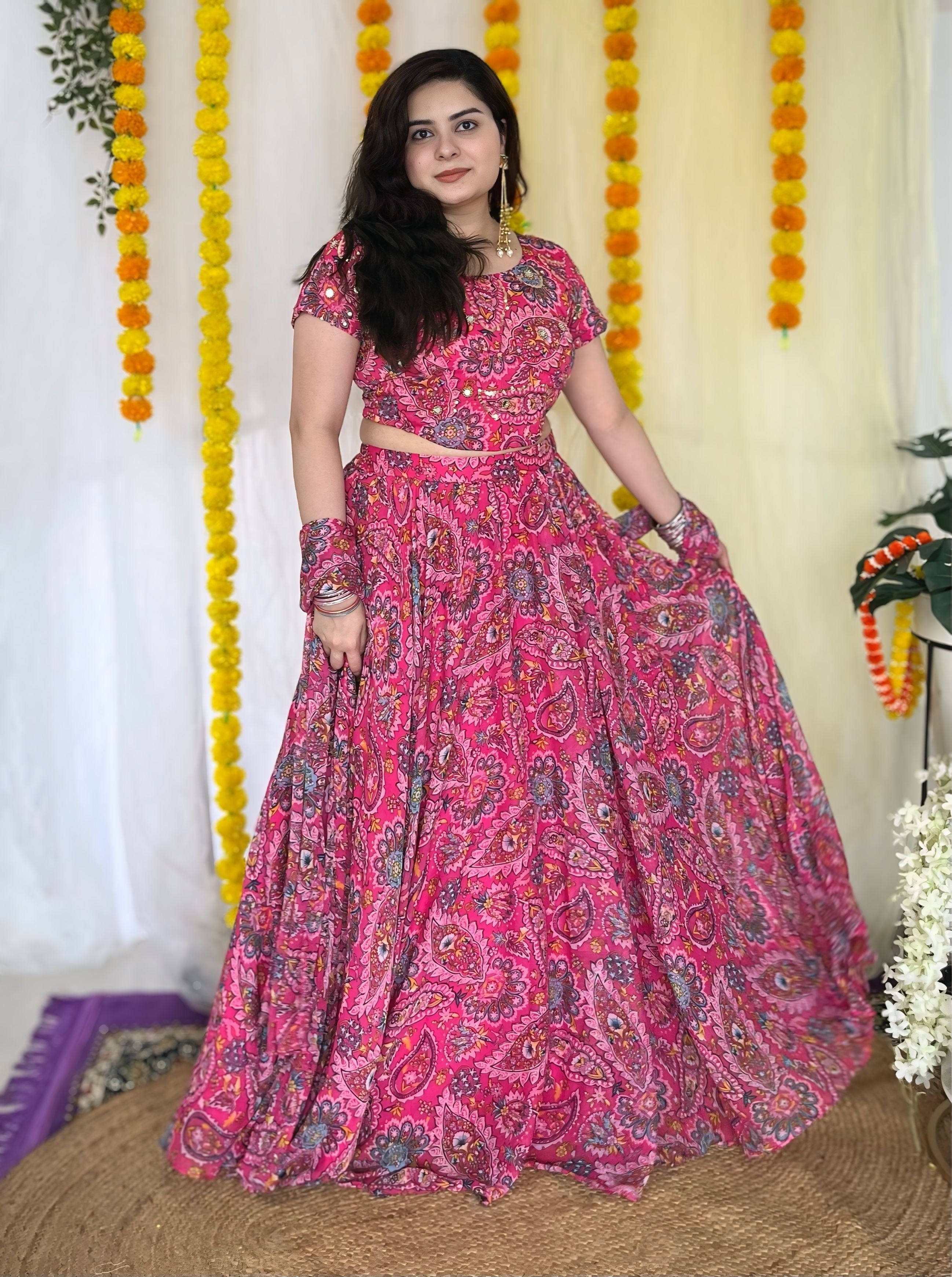 Party wear Hand embroidered Pink Lehnga set