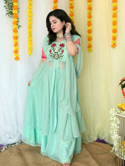 Partywear Hand embroidered Sea Green Skirt Set