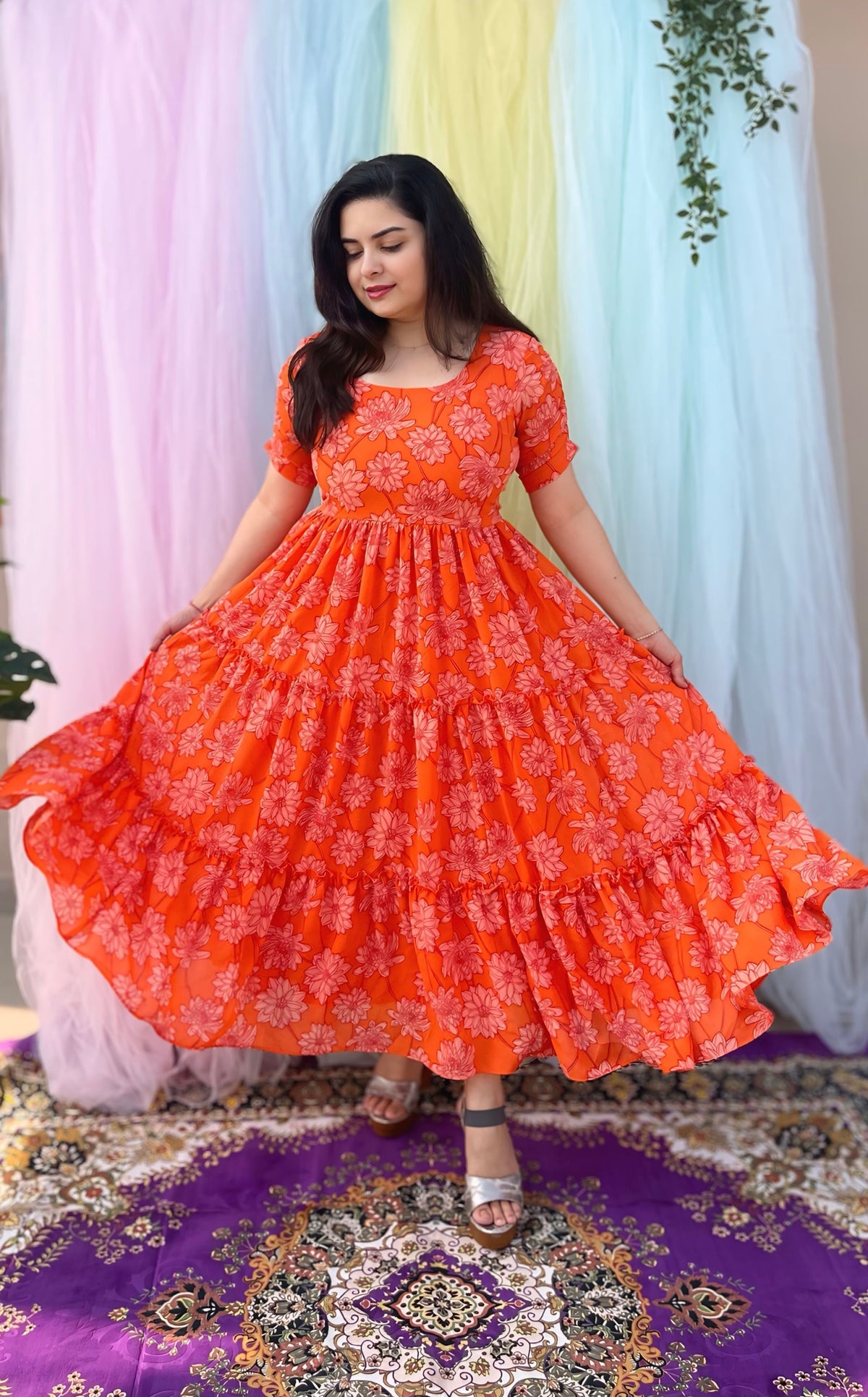 Printed orange georgette midi