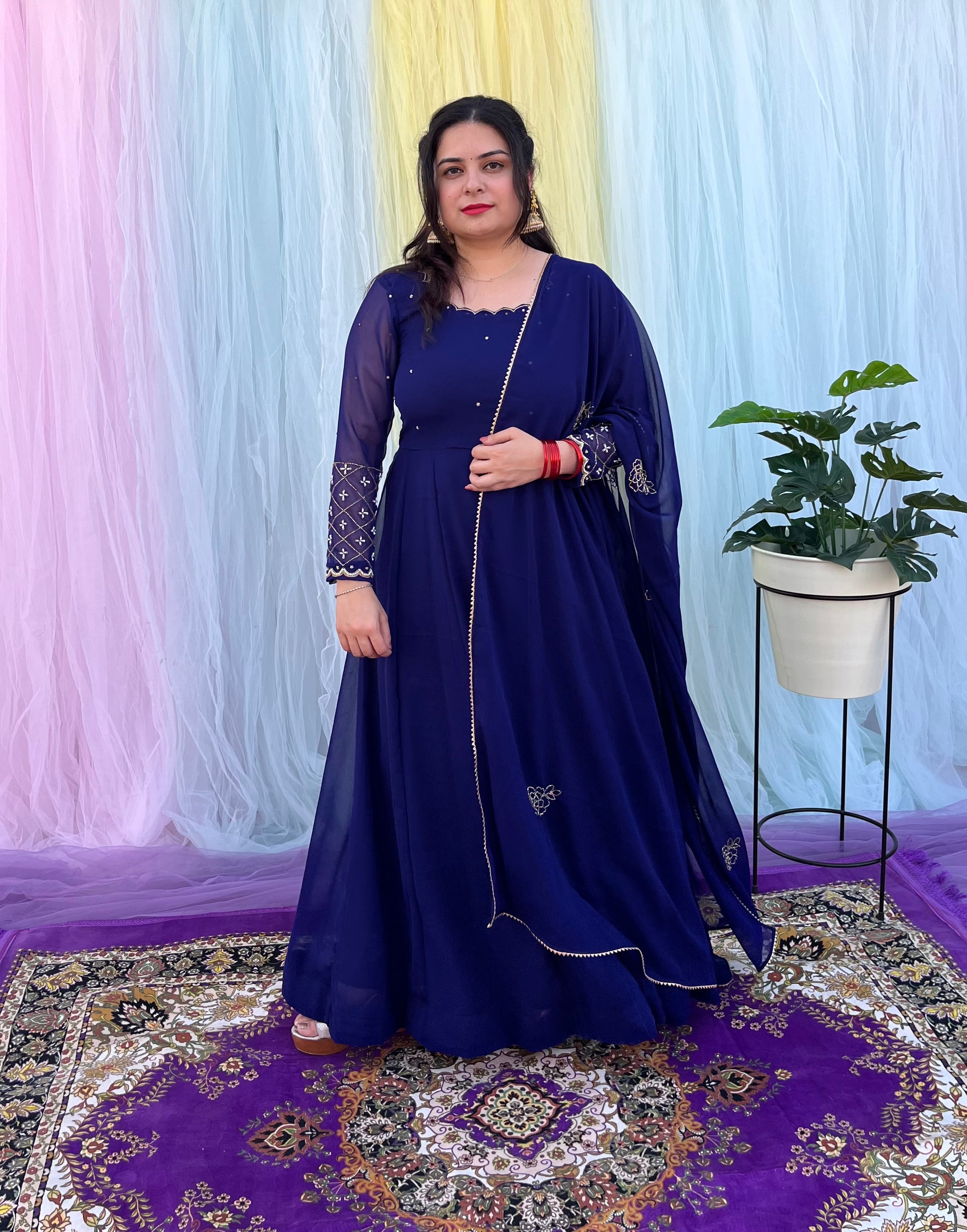 Party wear hand embroidered blue anarkali